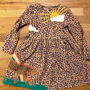 Mini Boden Leopard Print Dress with Sun and Rainbow 5-6Y